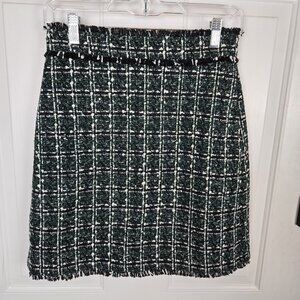 Ann Taylor Tweed Skirt‎ Size 0 Petite Green Black Pencil Career Holiday Sequins